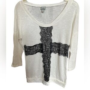 Vanity Cream Knit Dolman Sleeve Sweater with Black Lace Cross- NWOT M.